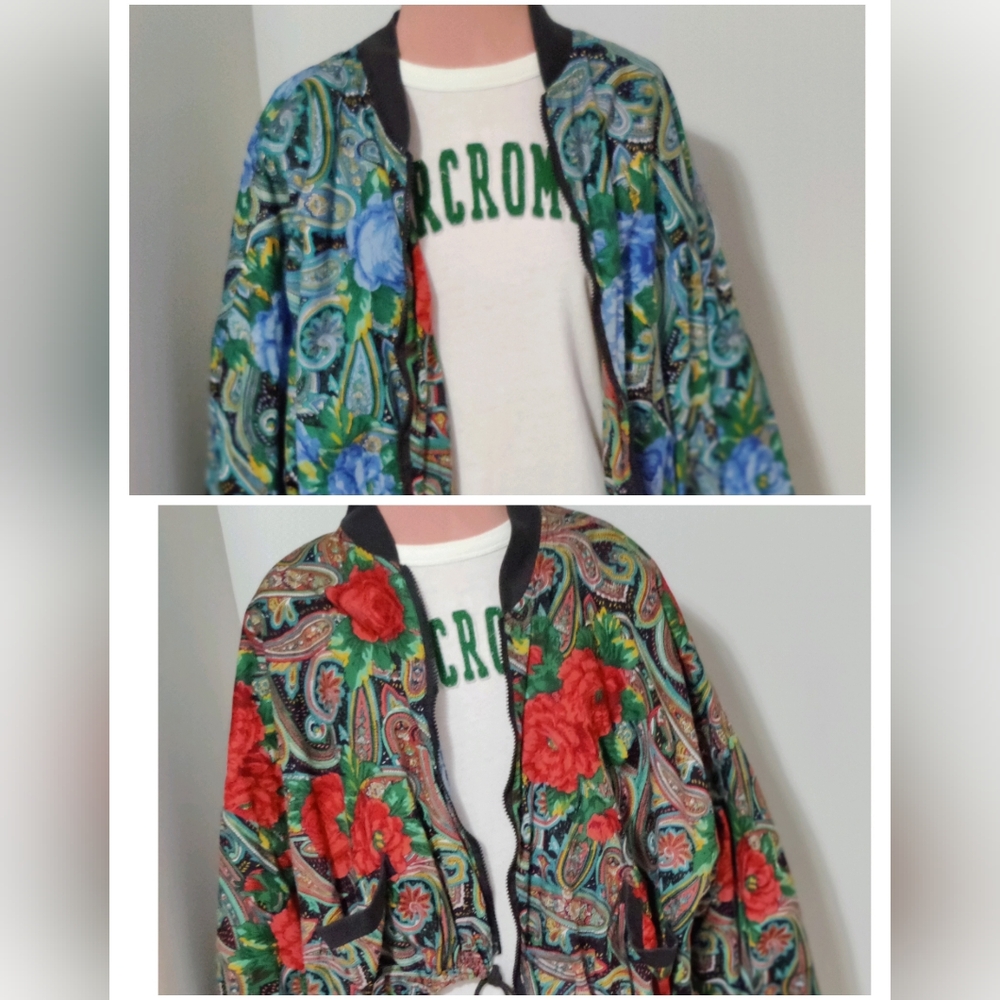 80s bomber jacket Reversible roses  red/blue cotton pockets drawstring M